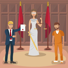 Court Trial, Legal Case Flat Vector Illustration. Themis, Attorney and Happy Convict Cartoon Characters. Cheerful Advocate Holding Acquittal, Justification Sentence. Judicial System, Litigation