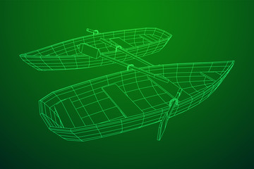 Rowing boat with paddles. Wireframe low poly mesh vector illustration