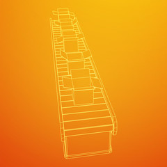 Conveyor belt section with open boxes. Factory production equipment. Wireframe low poly mesh vector illustration