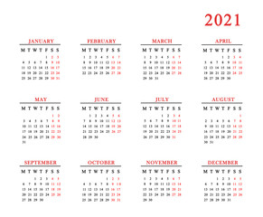 Calendar for 2021 on white background.