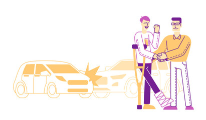 Accident Insurance Concept. Agent Shaking Hand to Client Stand on Crutches front of Broken Cars Smash on Road. Health Protection Financial Guarantee Contract Cartoon Flat Vector Illustration, Line Art