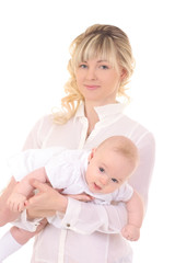 mother holding baby, isolated on white