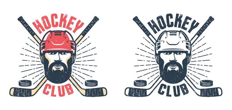 Hockey player with beard and crossed sticks - vintage sport emblem. Grunge texture on separate layer. Vector illustration.