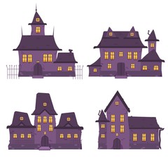 Set of various purple haunted house vector graphic illustration. Collection of different cartoon halloween building with light yellow windows isolated on white background