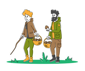 Young Couple Having Rest on Nature, Outdoor Activity. Man and Woman Mushroomers Pick Up Mushrooms in Forest. People Relaxing in Countryside, Leisure, Hobby. Cartoon Flat Vector Illustration, Line Art