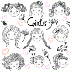 Cute girl vector doodle heart set