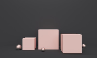 Pink cube platform and metal balls on a black background. 3d rendering