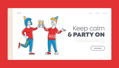 Friends Meeting, Corporate Website Landing Page. Young Woman and Man in Funny Hats Clinking Glasses with Alcohol Drink Have Fun at Party Web Page Banner. Cartoon Flat Vector Illustration, Line Art