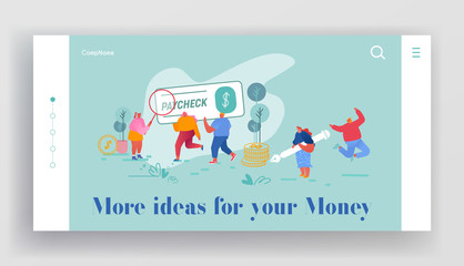 People Get and Signing Paycheck Website Landing Page. Characters with Huge Feather Pen, Magnifying Glass and Cheque. Tax Free Income, Payroll Budget Web Page Banner. Cartoon Flat Vector Illustration