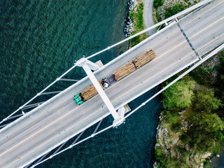 Aerial view of white suspension bridge with car crossing over blue lake in Finland