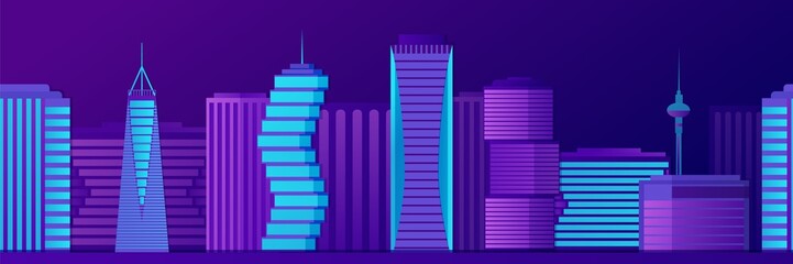 Seamless night modern city neon panorama vector flat illustration. Cartoon illuminance building exterior megapolis horizontal background. Cityscape town backdrop