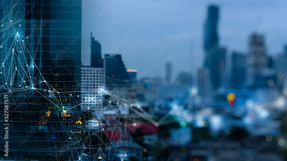 Poster Wireless network and Connection technology concept with Abstract buildings and city background
