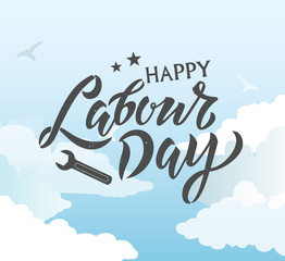 Happy Labour Day handwritten lettering. Happy Labour Day typography vector design for greeting cards and poster. Design template celebration. Vector illustration.