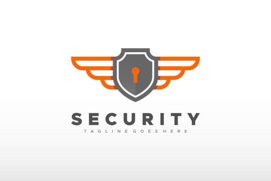 Military Symbol Security Logo. Wings and Shield Icon with Padlock inside. Flat Vector Logo Design Template Element.