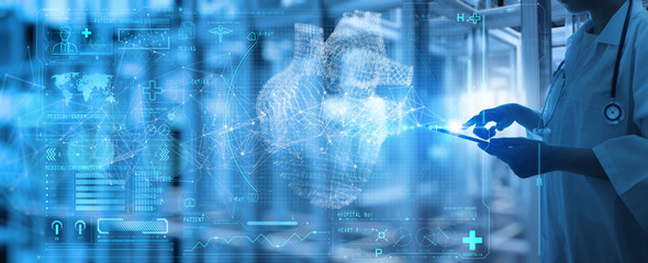 Medical technology diagnostics of heart concept.Medicine doctor and stethoscope working with Ui heart and diagnostics analysis medical treatment.