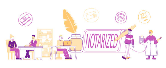 Notary Professional Service Concept. People Visiting Attorney Lawyer Public Office for Signing and Legalization Documents. Secretary Stamping Documentation, Cartoon Flat Vector Illustration, Line Art
