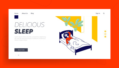 Little Girl Sleeping in Kindergarten or Elementary School Website Landing Page. Nap Time, Kid Rest and Relaxing, Snooze and Kip in Bed Web Page Banner. Cartoon Flat Vector Illustration, Line Art