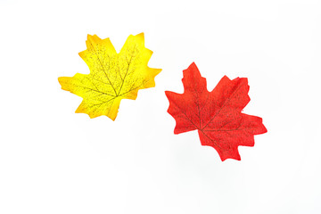 plastic artificial  maple leaf made from fabric isolated on white background