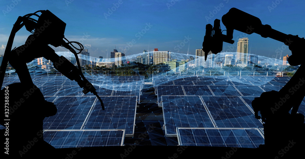 Poster Silhouette of modern automation robot arms with Ai assistant technology network concept and renewable power city building background.