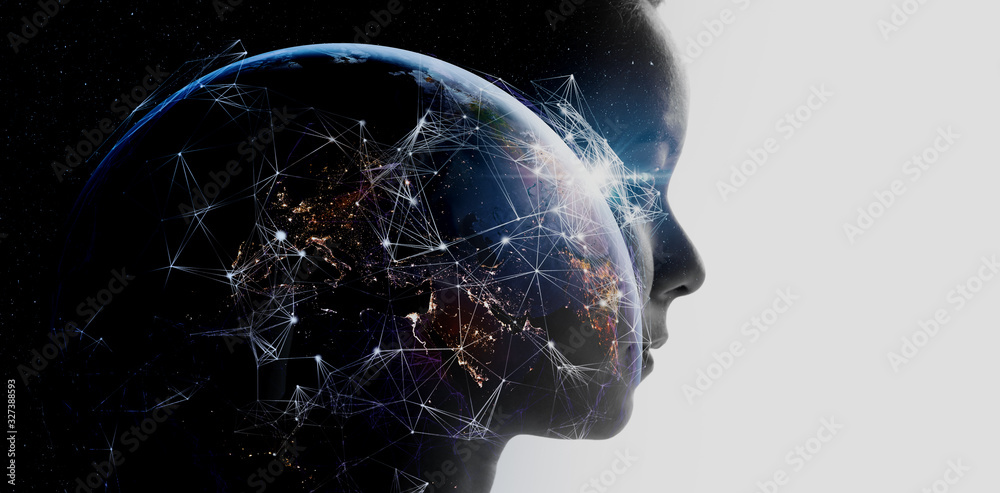 Leinwandbilder double exposure of business woman with the world of futuristic internet communication concept.elemen