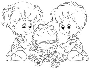 Happy little children putting painted eggs in an Easter basket decorated with a beautiful bow, black and white vector cartoon illustration for a coloring book page