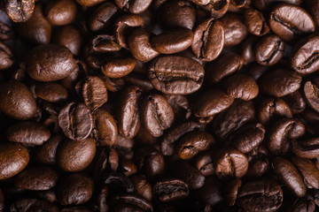  Detail of brown coffee beans. Aerial View Horizontal format