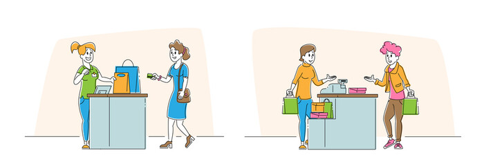 Set of Shopping Recreation Girls, Sale and Discount. Happy Female Characters Buying Things and Presents in Store. Consumerism and Price Off Promo in Shop, Cartoon Flat Vector Illustration, Line Art