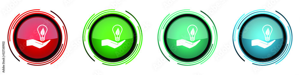 Poster Light, idea, bulb round glossy vector icons, set of buttons for webdesign, internet and mobile phone applications in four colors options isolated on white background