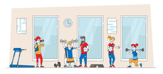 Training Exercises with Professional Trainer. People Doing Fitness in Gym with Coach Help. Characters Workout with Weight. Sport Activity, Healthy Life Cartoon Flat Vector Illustration, Line Art
