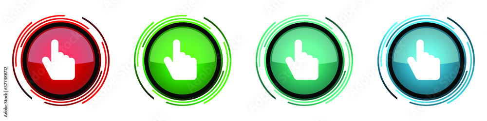 Leinwandbilder Cursor hand round glossy vector icons, set of buttons for webdesign, internet and mobile phone applications in four colors options isolated on white background