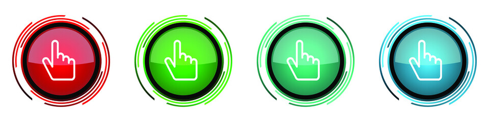 Cursor hand round glossy vector icons, set of buttons for webdesign, internet and mobile phone applications in four colors options isolated on white background