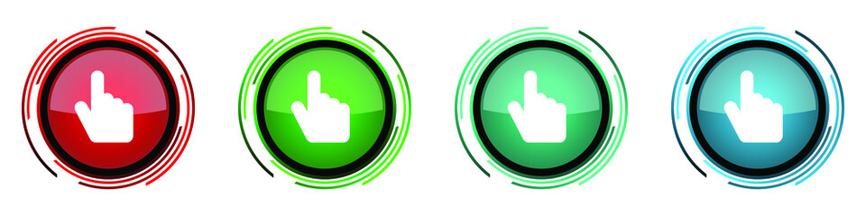 Cursor hand round glossy vector icons, set of buttons for webdesign, internet and mobile phone applications in four colors options isolated on white background