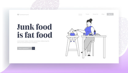 Family Unhealthy Eating Website Landing Page. Fat Mom Feeding Baby. Fatty Mother Feed Child Sitting at Table with Plenty of Fast Food Web Page Banner. Cartoon Flat Vector Illustration, Line Art