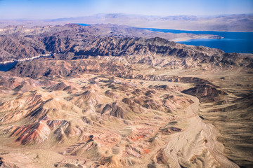 Fototapeta na wymiar Aerial photography over western United States with landforms, mountains, Colorado River and Grand Canyon in view