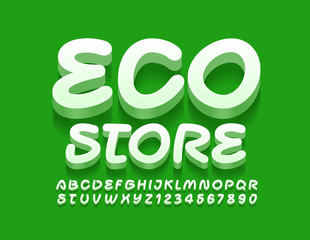 Vector green emblem Eco Store with handwritten Font. 3D creative Alphabet Letters and Numbers