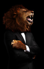 Boss concept lion in the office formal suite an shirt on black - dangerous businessman image mixed...