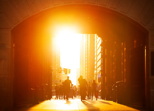 Sunset View Of The Crowd Exiting Philadelphia City Hall Over Orange Lit West Exit, Pennsylvania USA