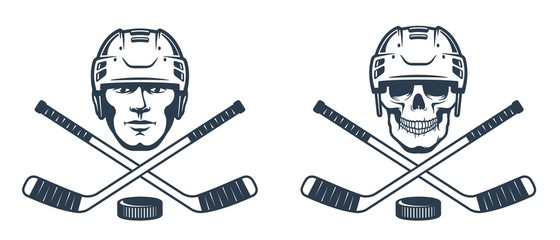 Hockey skull logo with crossed sticks. Ice hockey player in helmet - retro abstract emblem. Vector illustration.