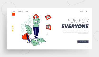 Obraz na płótnie Canvas Naughty Kids Make Mess at Home Website Landing Page. Woman Stand with Crossed Hands in Room with Broken Potted Plant and Scribbles on Wall Web Page Banner. Cartoon Flat Vector Illustration, Line Art