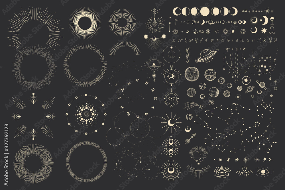 Wall mural vector illustration set of moon phases. different stages of moonlight activity in vintage engraving 