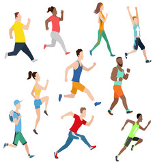 Collection of running man and women in flat design style. Sport. Run. Active fitness. Exercise and athlete. Variety of sport movements. Flat cartoon style. Side view. Simple design. Jpeg illustration