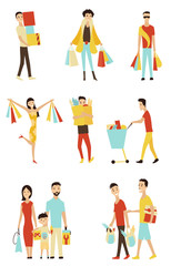 Fototapeta na wymiar Jpeg cartoon Shopping People. Set Sale in Shop Concept Element. Flat design. Collection of women and man characters with gift boxes, paper bags and trolley with goods. For sales and discounts
