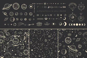Fototapeten Vector illustration set of moon phases. Different stages of moonlight activity in vintage engraving style. Zodiac Signs © chikovnaya