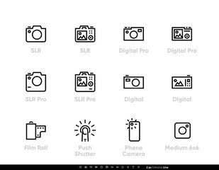 Pro Camera icons line set. Digital, SLR, Film and Phone Camera Push Shutter. Editable vector stroke.