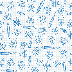 Back to school background. Doodle TIC TAC toe game, pen and pencil Vector Seamless pattern
