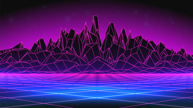 Synthwave Background. 80s Mountain. Pink Grid. Free Space for your Design. Wireframe Computer Landscape. Blue Neon Glow. Sci-fi Style. Banner, Poster, Flyer, Print Template. Stock Vector Illustration