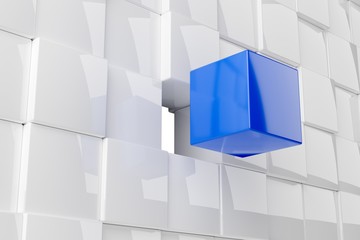 Blue cube in front of wall of white cubes, software module, teamwork or standing out from the crowd leadership concept - obrazy, fototapety, plakaty