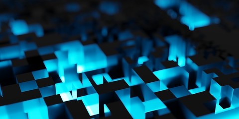 Abstract blue glowing technology background cubes with selective focus