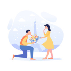 Banner Relationship Leading to Wedding Cartoon. Flyer Partners Step up Each Other in all Endeavors. Flat Poster Guy got on his Knee and Gives Girl Bouquet Flowers. Vector Illustration.
