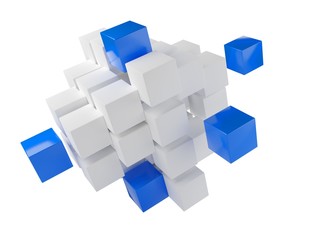 Fototapeta na wymiar Blue cubes from heap of white cubes over white background - software module, teamwork or standing out from the crowd leadership concept
